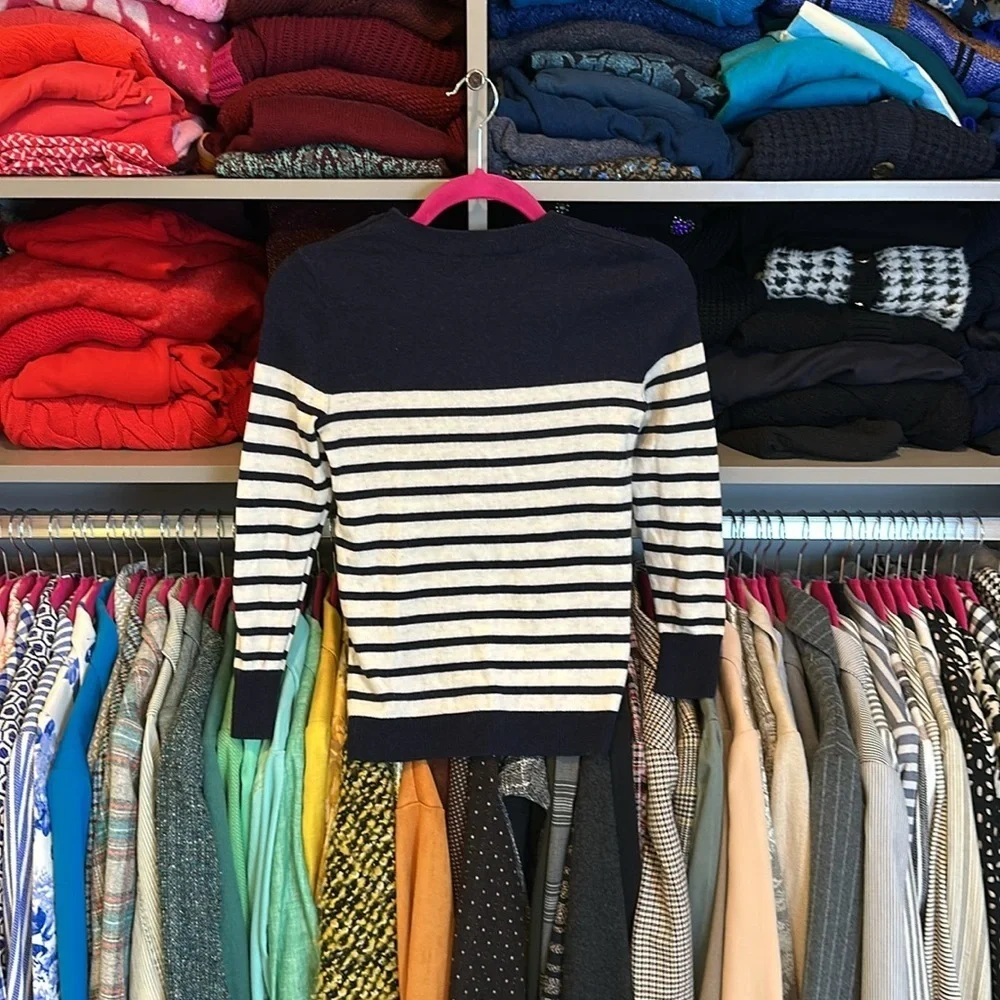 J Crew navy/white striped 3/4 sleeve nautical button detail sweater size XS